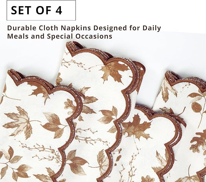 PurpleEssences Scalloped Embroidery Cloth Napkins - Spring Easter Summer - Table Decor - 100% Cotton - Set of 4-18x18 inch - Aurelia(Edges - Rust)