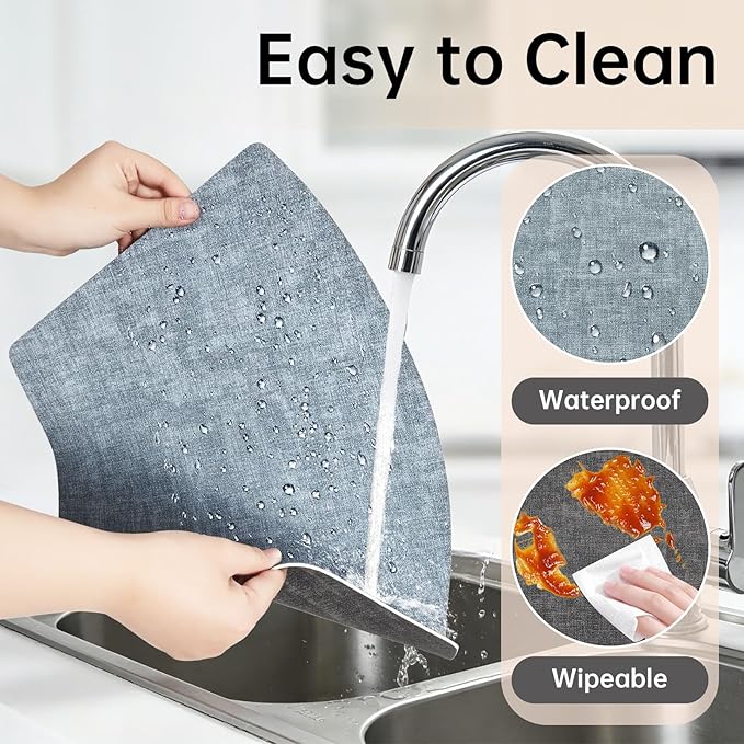 Round Table Placemats Set of 6, Dual-Sided Wedge Shape Faux Leather Table Mats, Washable Wipeable Heat Resistant Place Mats for Outdoor Indoor, Blue Gray