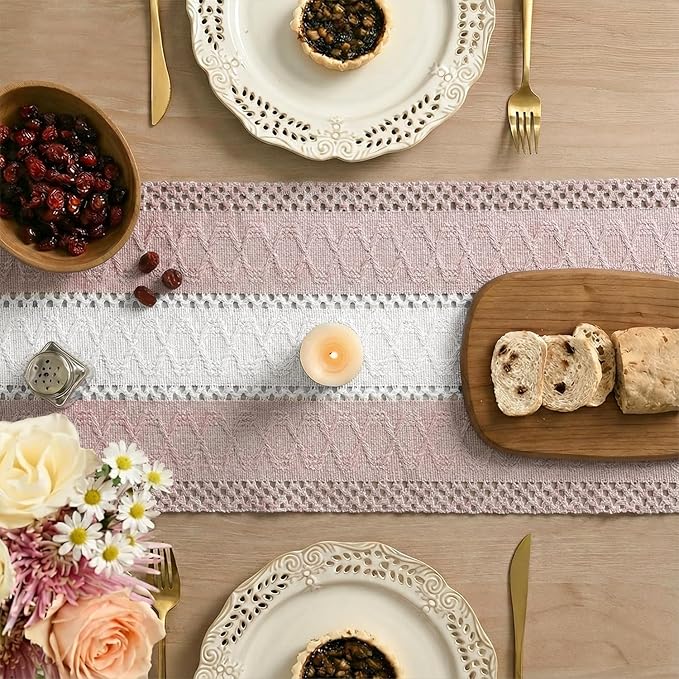 Artoid Mode Pink Farmhouse Rustic Table Runner, Seasonal Hollow Kitchen Dining Table Decoration for Home Party Decor 12x60 Inch
