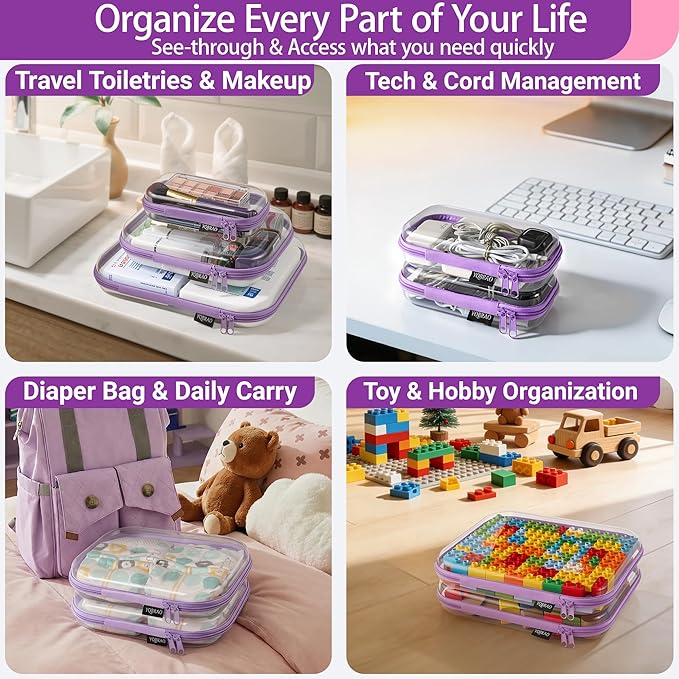 YQBRAO 3 Pack Hard Sided Clear Zipper Case for Storage- Thickened-Grade Clear Hard Shell Zipper Case for Organizing Bead, Handicrafts, Sewing, Toiletries, Makeup (Purple)