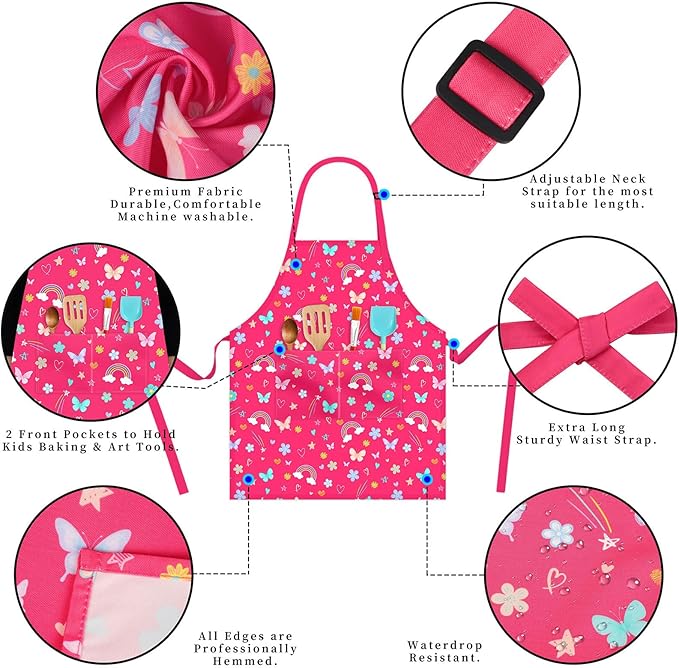 Kids Chef Hat and Apron, Adjustable Kids Aprons with Pocket Girls Boys Kitchen Toddler Aprons for Cooking Baking