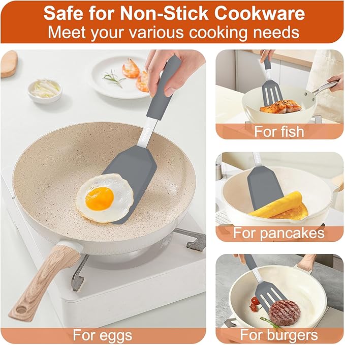 2 Pack Silicone Spatula Set, 600°F Heat Resistant Kitchen Spatula, BPA Free Solid & Slotted Turner, Flexible Cooking Utensils for Non Stick Frying Pan, Flipper for Eggs and Pancakes (Gray)