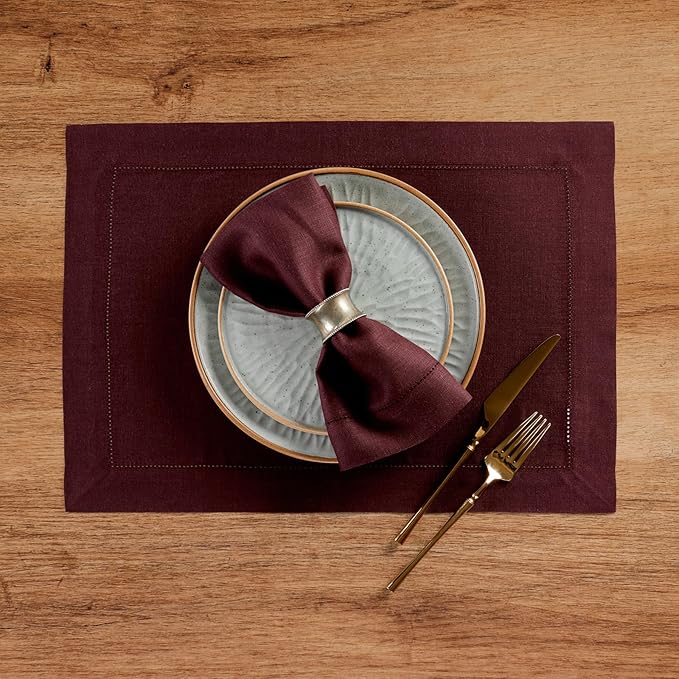 Solino Home Linen Cloth Placemats Set of 4 - 100% Pure Linen Hemstitch Burgundy Placemats 14 x 19 Inch - Classic Hemstitch Table Place Mats for Mothers Day