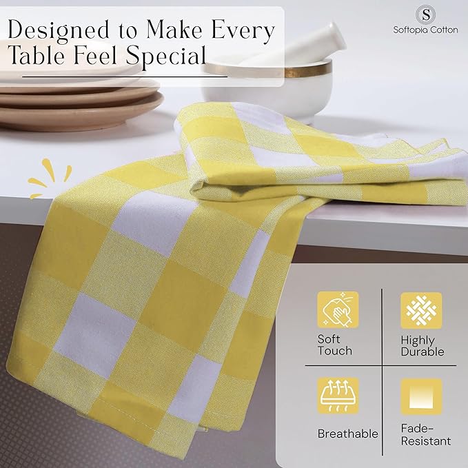 Lemon Yellow Buffalo Plaid Cloth Napkins (Set of 4), 16"x16", Checkered Fabric - Soft, Durable, Reusable Cotton Napkins for Weddings, Dinner Parties, Restaurants, Spring Easter Decor