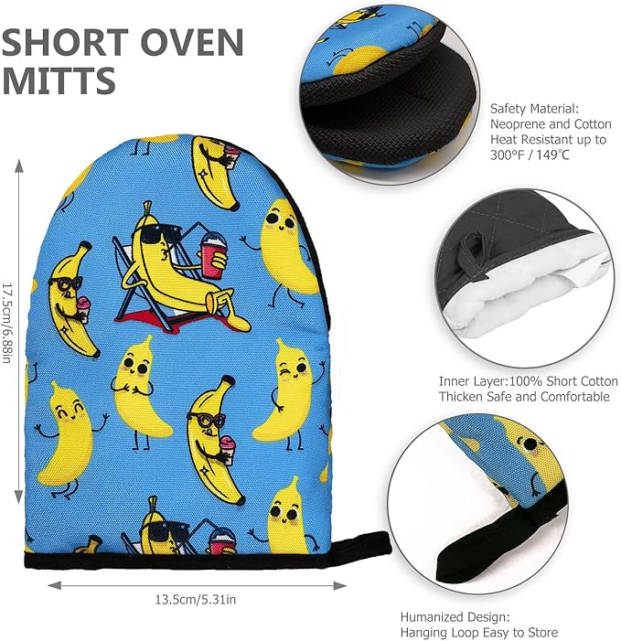 Funny Banana Oven Mitts, High Heat Resistant Kitchen Oven Gloves, Mini Silicone Oven Mitts, Non-Slip Grip Surfaces and Hanging Loop for Grilling, Baking, Cooking and Microwave, Gift