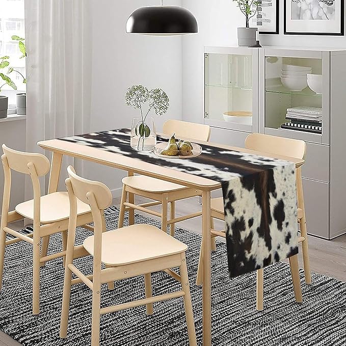 Cow Skin Print Table Runner, Rustic Cottage Country Farmhouse Animal Fur Skin Western Style Black Cowhide Print Dinner Runner for Home Kitchen Dining Table Decoration 13"x90"