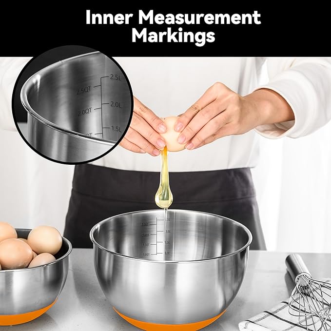 KITEISCAT Stainless Steel Mixing Bowls with Lids – Set of 5 Large Nesting Metal Bowls for Kitchen, Baking, Cooking, Food Prep & Storage, Non-Slip Base, Dishwasher Safe,Orange