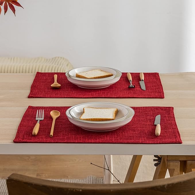 Kevin Textile Christmas Burlap Linen Placemats Set of 6 Heat Resistant Dining Table Place Mats Washable Kitchen Table Mats for Dinning Party Holiday Indoor Outdoor, 13 x19 inches, Burgundy