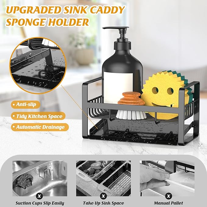 Kontoyo Sponge Holder for Kitchen Sink,Stainless Steel Kitchen Sink Organizer with Auto Draining Tray,Kitchen Countertop Soap Dispenser Organizer,Black