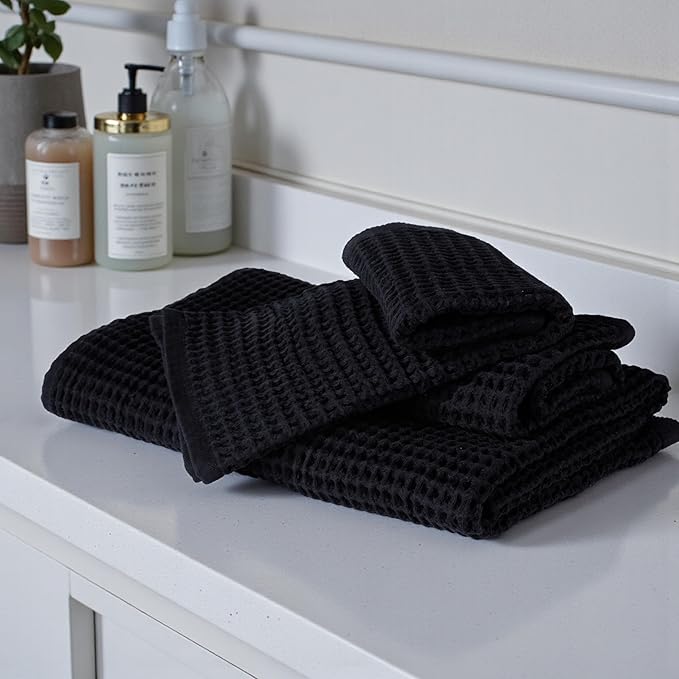 DEMMEX Organic Cotton Waffle Weave Turkish Bath Towel - Ultra Soft Lightweight Quick Dry, Oeko-Tex Certified, 100% Turkish Cotton (Jet Black, Large (60x30))