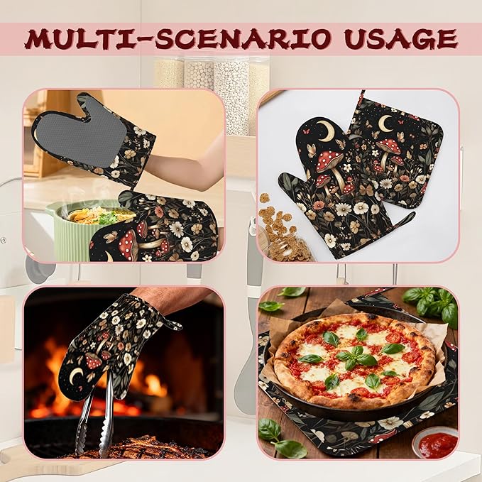 Red Mushroom Butterfly Heat-Resistant Silicone Oven Mitts and Pot Holders,Moon Plant Flowers Long Oven Gloves with Non-Slip Grip for Cooking, Baking, Grilling,BBQ
