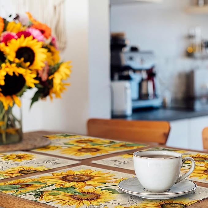 Sunflower Placemats Set of 4, Spring Summer Sunshine Table Mats 12x18 Inch, Farmhouse Washable Table Decor for Kitchen Dining Indoor Outdoor Party Holiday