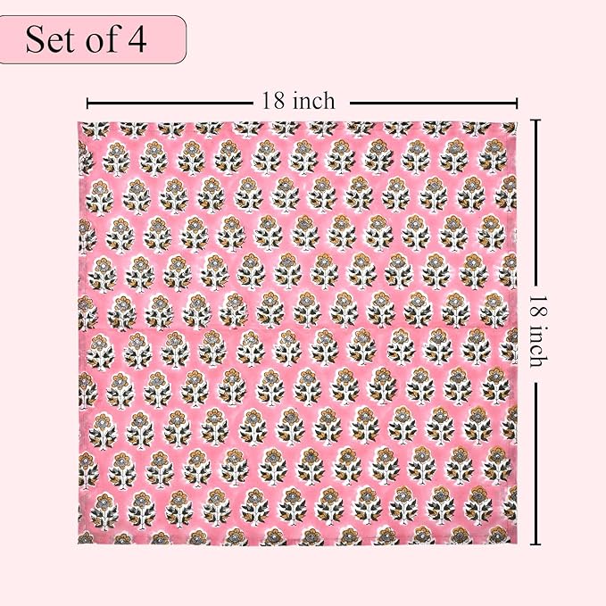 CPC Poppy Pink Indian Block Print Cotton Cloth Napkins Set of 4, 18x18 Reusable Everyday Napkins, Soft, Absorbent, Floral Dinner Napkin, Holiday, Party Gift, Spring,Mother's Day