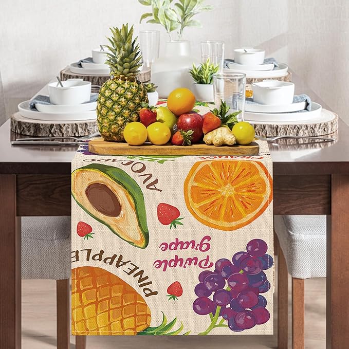 Watercolor Fruit Table Runner, Watermelon Pineapple Banana Orange Kitchen Dining Table Decoration, Spring Summer Grapes Kiwi Avocado Burlap Indoor Outdoor Home Decor Party Supply 13 x 108 Inch