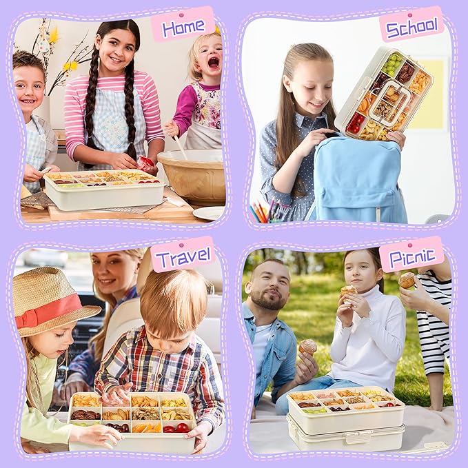Xyptorix Snack Box Container for Kids - Adjustable 12-Compartment Snack Containers, Reusable Bento Box, Dishwasher Safe, BPA-Free, Perfect for School, Travel, Camping & Picnic, Ivory White, Large