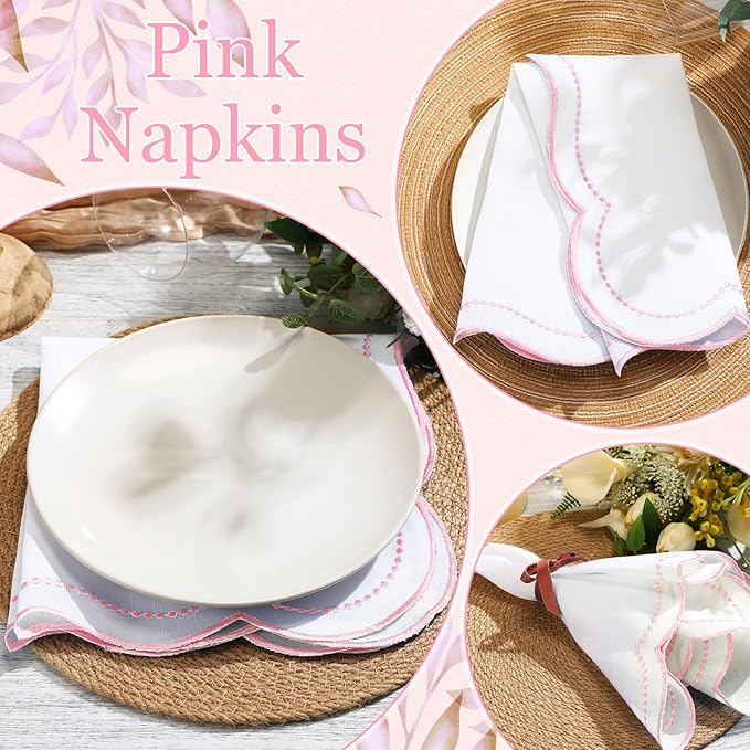 Hahafelt 6 Set Cloth Napkins 18x18inches Scalloped Embroidery Cloth Napkins Washable Polyester Table Dinner for Hotel Restaurant Weddings Events Parties (Light Pink)