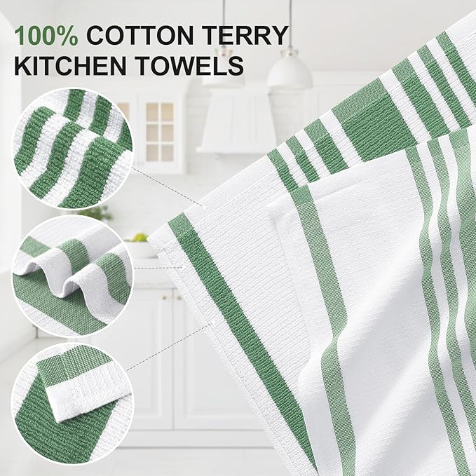 Homaxy Premium Kitchen Towels 18”x 28”, Large Cotton 380 GSM Kitchen Hand Towels, Stripe and Terry Dish Towel, Highly Absorbent Tea Towel Set with Hanging Loop, 6 Pack, Grass Green
