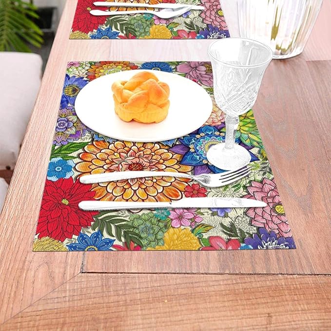 Boho Floral Linen Placemats Set of 4, 12x18 Inch Colorful Bohemian Flower Table Mats, Washable Non-Slip Heat Resistant Dining Mats for Kitchen Home Party Farmhouse, Spring Easter Festival Home Decor