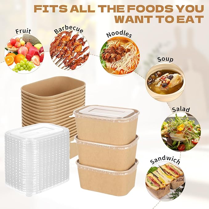 50 Pack 33oz Disposable Kraft Paper Bowls with Lids, Rectangle Meal Prep Containers Bulk, Large Paper Salad Bowl, Leakproof Food Containers Treat Soup Serving Bowls, Microwave Safe for Hot/Cold Food