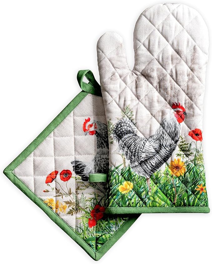 Maison d' Hermine 100% Cotton Oven Mitt & Pot Holder Set (7.5"x13" & 8"x8") Heat Resistant BBQ Cooking Gloves with Loop Baking Grilling Kitchen Gifts for Mothers Day Spring/Summer (Basse Cour)