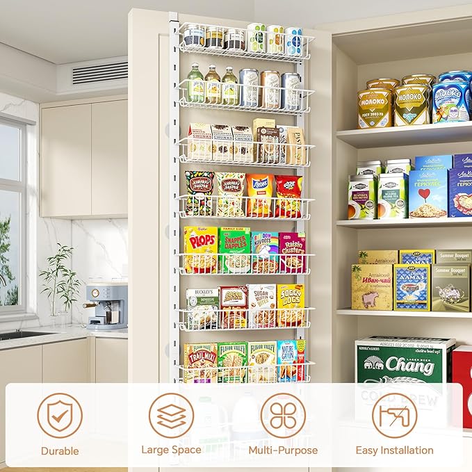 MIAOLI Over the Door Pantry Organizer, 10-Tier Adjustable Spice Rack Cabinet Door Shelves, Hanging Seasoning Organizer for Kitchen Bathroom, Laundry Room Organization, White