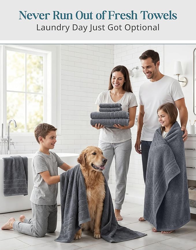 Casa Platino 100% Cotton Towels Set for Bathroom - 12 Pc Family Pack - Super Soft & Quick Dry - 4 Bath, 4 Washcloth, 4 Hand Towels - Oeko TEX Certified, Machine Washable & Durable - Cool Grey