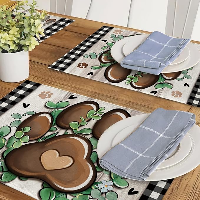 Cat Dog Paw Prints Placemats Set of 4, Eucalyptus Leaves Buffalo Plaid Dining Place Mats Table Decor, Farmhouse Flower Home Kitchen Decoration Pet Owner Lover Gifts 12''x18''