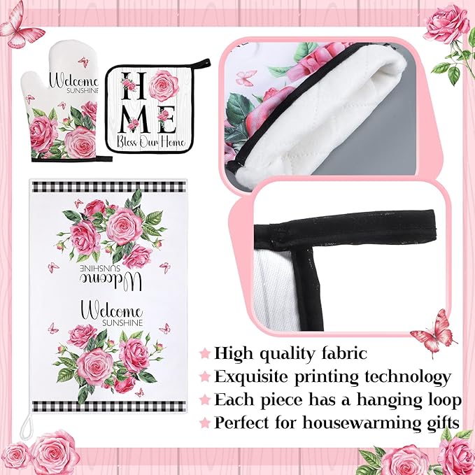 Leinuosen 8 Pcs Kitchen Towels and Dishcloths Sets Oven Mitts and Pot Holders Sets Absorbent Kitchen Gloves Potholders Heat Resistant for Chef Baking Cooking(Black and White,Rose)