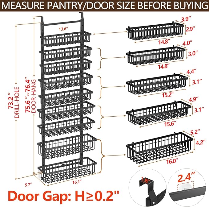 POKIPO 9 Tier Over The Door Pantry Organizer, 2 in 1 Wall Mount or Hanging Spice Rack with Adjustable Basket, Seasoning Organizer and Storage for Kitchen Cabinet Closet Bathroom