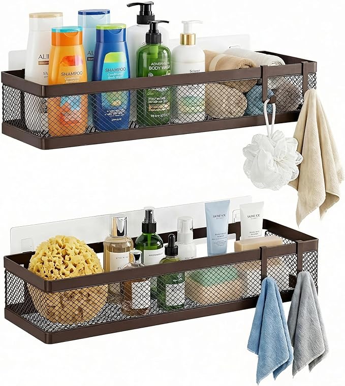 PUSDON 16.5-Inch Extra Long Slim Mesh Shower Caddy, Wall Mounted Bathroom Organizer with Adhesive, Heavy Duty Rustproof Shelf for Narrow Kitchen Pantry & RV, Holds 50 LBS Bronze -2 Packs Netting