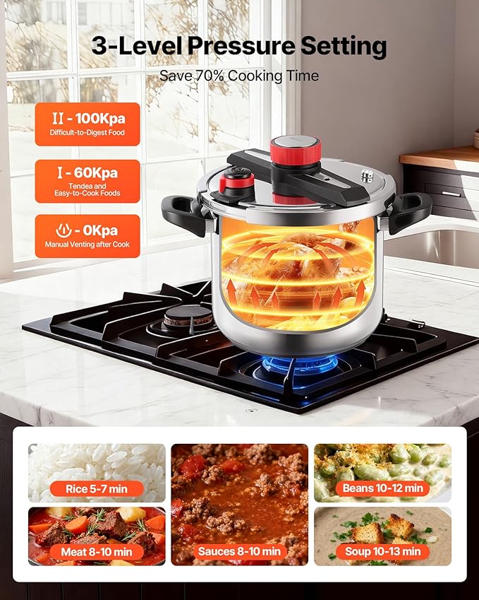 VEVOR Pressure Cooker, 12Qt Pressure Cooker Stainless Steel, Pressures Canner with Steaming Rack, Tempered Glass Lid, 3 Pressures Settings for Meat, Beans, Rice, Soup, Sauces, Cook up to 100 kPa