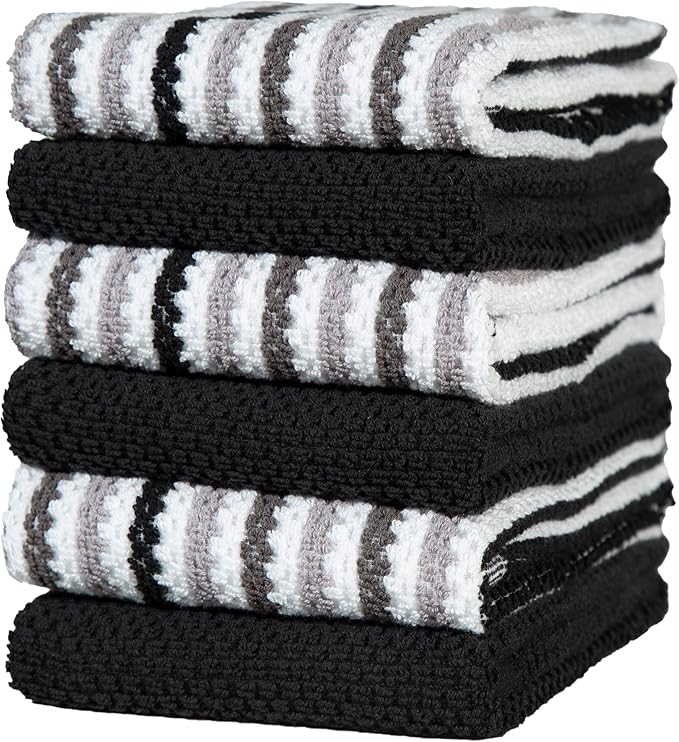 Premium Kitchen Towels (16”x 26”, 6 Pack) | Large Cotton Kitchen Hand Towels | Popcorn Striped Design | Dish Towels | 430 GSM Highly Absorbent Tea Towels Set with Hanging Loop | Black