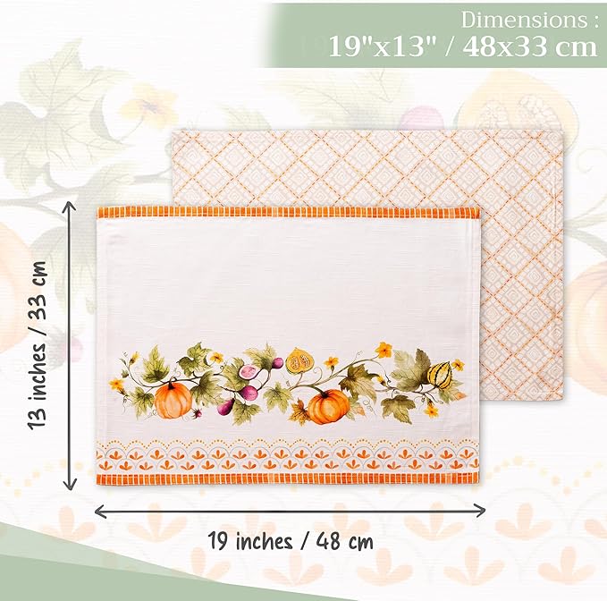 Maison d' Hermine Placemats Set of 4 100% Cotton Washable Cloth Place Mats, Reusable Table Mats for Thanksgiving Christmas Decorations Kitchen Dining Party (Pumpkin Garden - Cloudy Cream, 13" x 19")