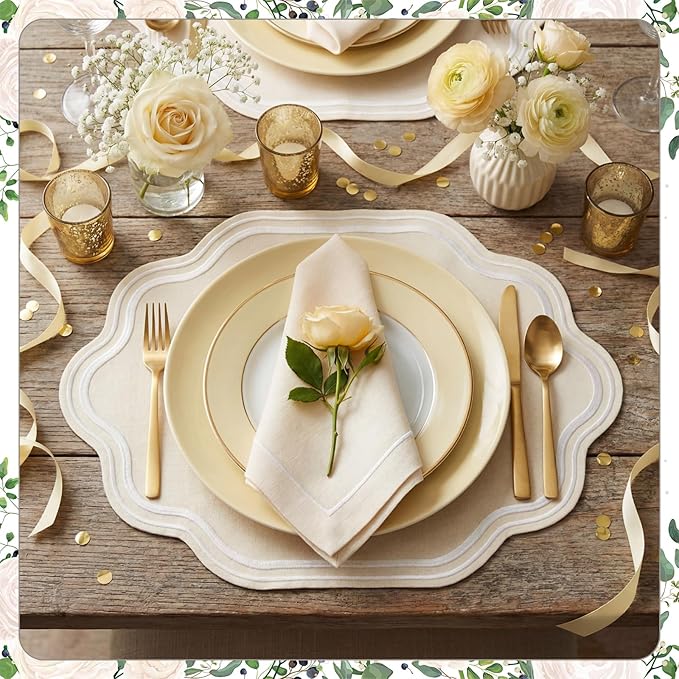 Breling 6 Pcs Wedding Placemats Scalloped Embroidered Cotton Linen Placemats 17" x 13" Double Layered Machine Washable Table Place Mat for Party Table Decor (Creamy Ivory)