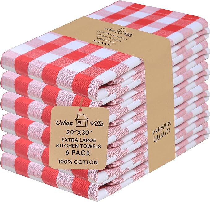 Urban Villa Kitchen Towels 100% Cotton Dish Towels for Kitchen (Set of 6) 20”x30” Dish Cloths Highly Absorbent Kitchen Linen Set with Hanging Loop Perfect for Drying Dishes Cleaning – Red White