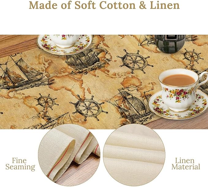 Nautical Table Runner Vintage Map Boat Art Printed Runner for Home Kitchen Dining Table Living Room Decor Fabric 1 Panel W13xL60in