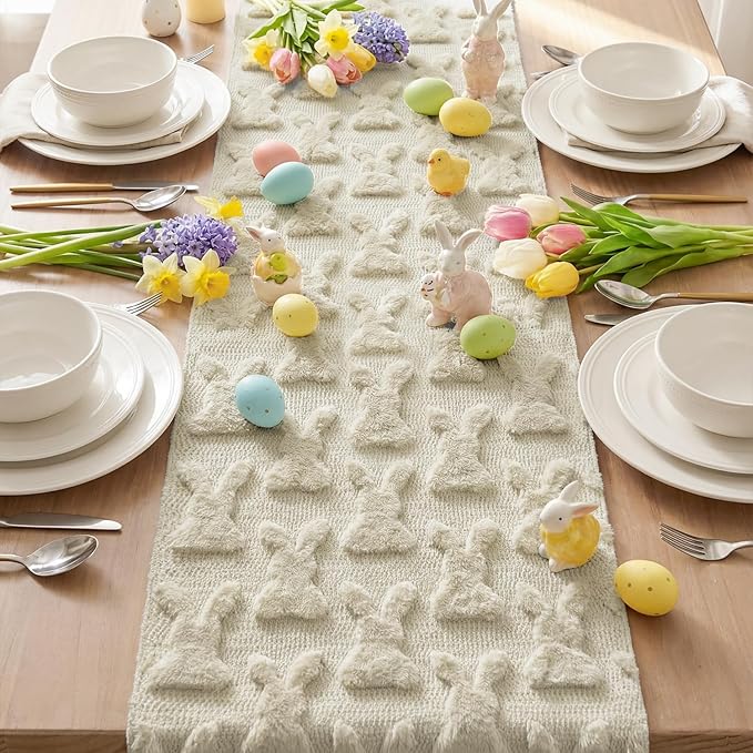 Artoid Mode Beige Soft Plush Faux Fur Jacquard Bunny Rabbit Easter Table Runner, Seasonal Kitchen Dining Table Decoration for Home Party Decor 13x90 Inch