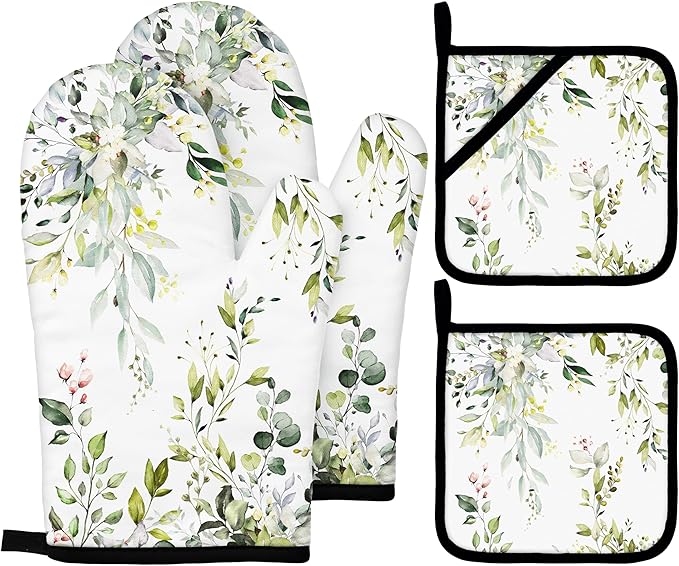 Eucalyptus Leaves Oven Mitts and Pot Holders Sets Sage Green Botanical Floral Kitchen Oven Gloves Hot Pads Farmhouse Potholders and Kitchen Mitts 4Pcs for Baking Cooking BBQ (White)