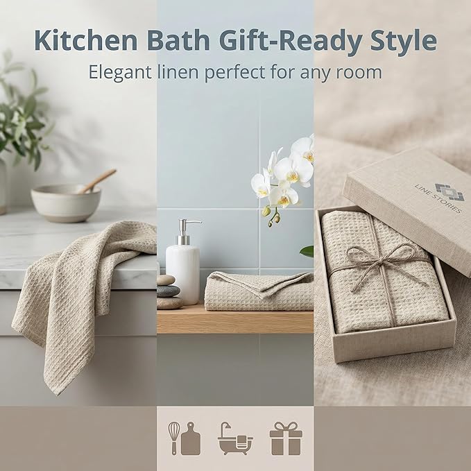100% European Linen Hand Towels for Kitchen & Bath - Set of 2 - Waffle Weave, Highly Absorbent & Quick-Dry - 14 x 28 in - Stone Washed Flax