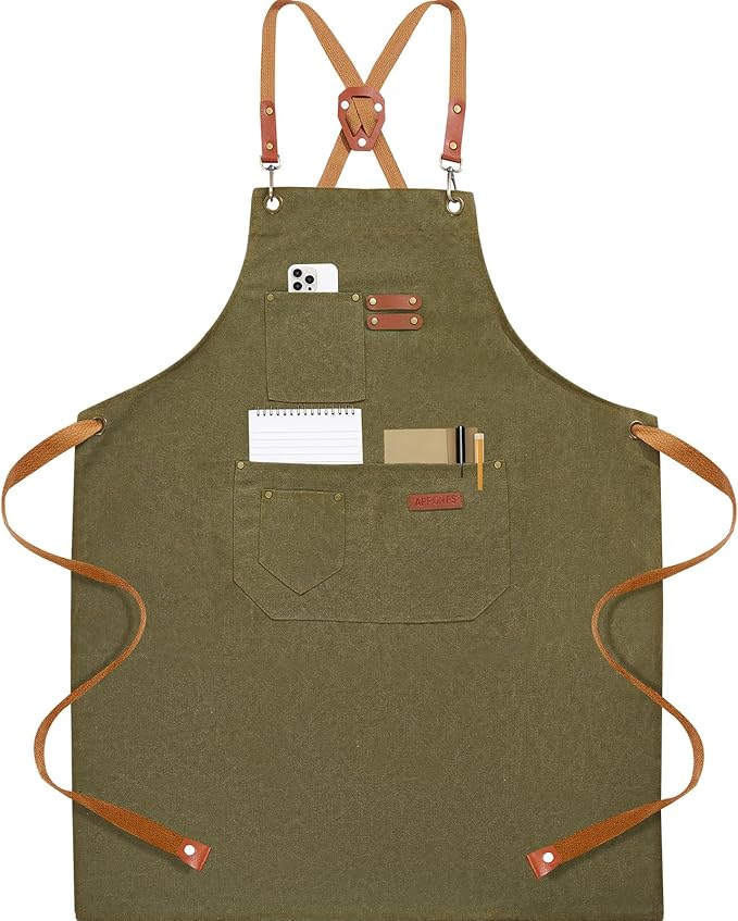 Chef Aprons for Men Women with 4 Large Pockets, Cotton Canvas Cross Back Adjustable Apron for Work grilling kitchen gardening