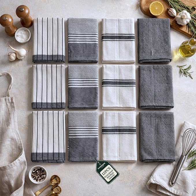 CLOUDSCAPE Kitchen Towels 12 Set 18”x28” Cotton Blended Hand Towels with Hanging Loop - Quick-Drying Dish Towels for Kitchen Essentials, Highly Absorbent, Dish Cloths Set for Washing Dishes - Grey