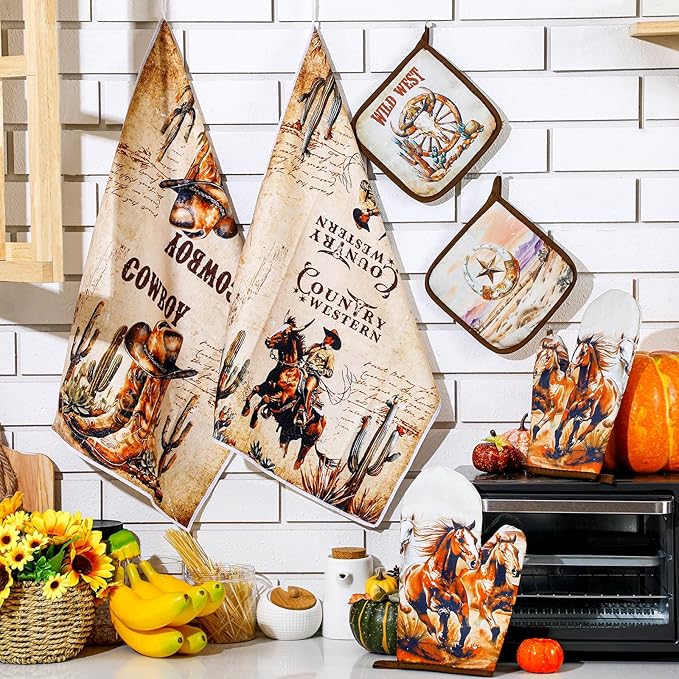 Leinuosen 6 Western Cowboy Kitchen Towels Kitchen Decor and Accessories Set Floral Plant Oven Mitts and Pot Holders Sets Farmhouse Absorbent Dish Towels for Cooking Baking Grilling