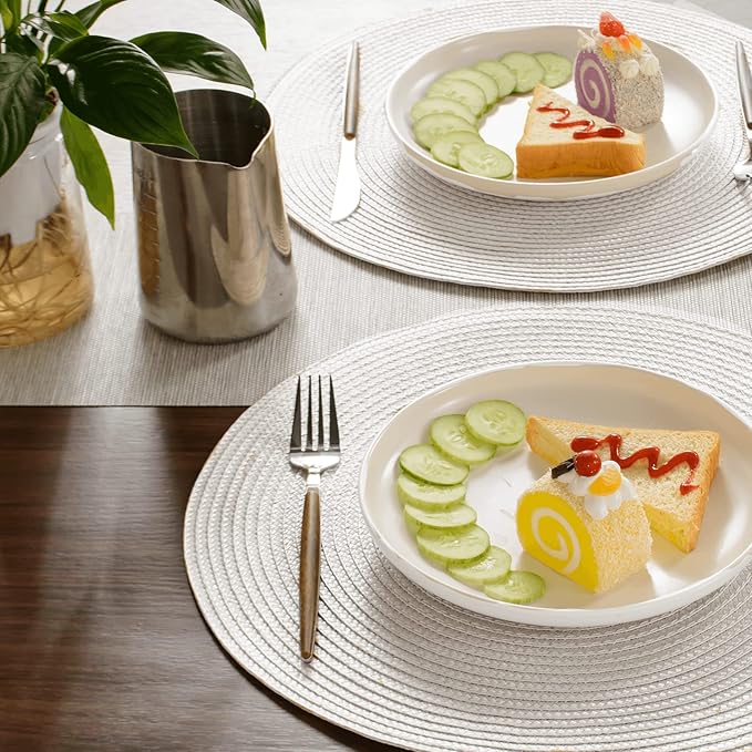 FunWheat Round Braided Placemats Set of 6 Table Mats for Dining Tables Woven Washable Non-Slip Place mats 15 inch(White, 6pcs)