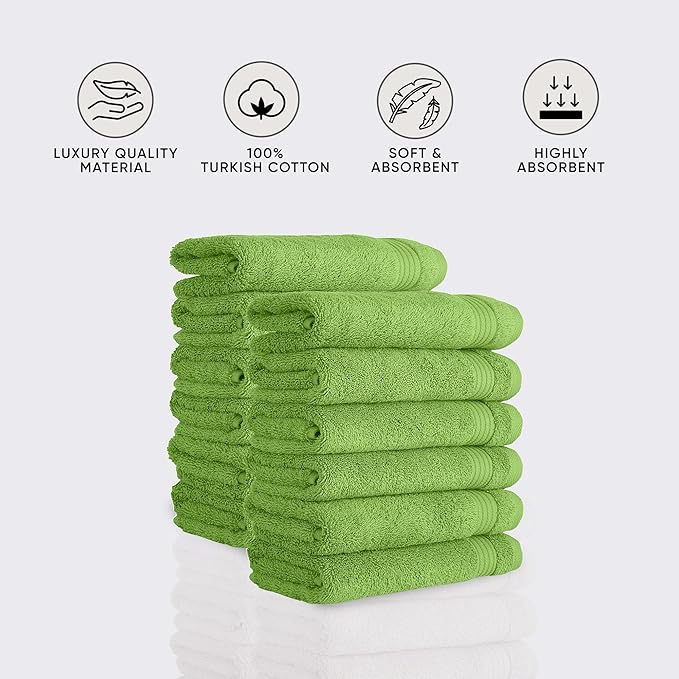 Classic Turkish Towels CTT - Premium Washcloths 12 Pack Set, 100% Turkish Cotton, Highly Absorbent & Quick Dry, Face Towels Wash Cloths for Hotel, Spa & Gym | 12"x12" (Green)