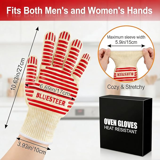 Oven Gloves, Heat Resistant 540 Degrees Grilling Gloves, Hot Surface Handler Non-Slip Silicone Oven Mitts with Fingers, BBQ Gloves for Cooking/Kitchen/Baking, Pack of 2