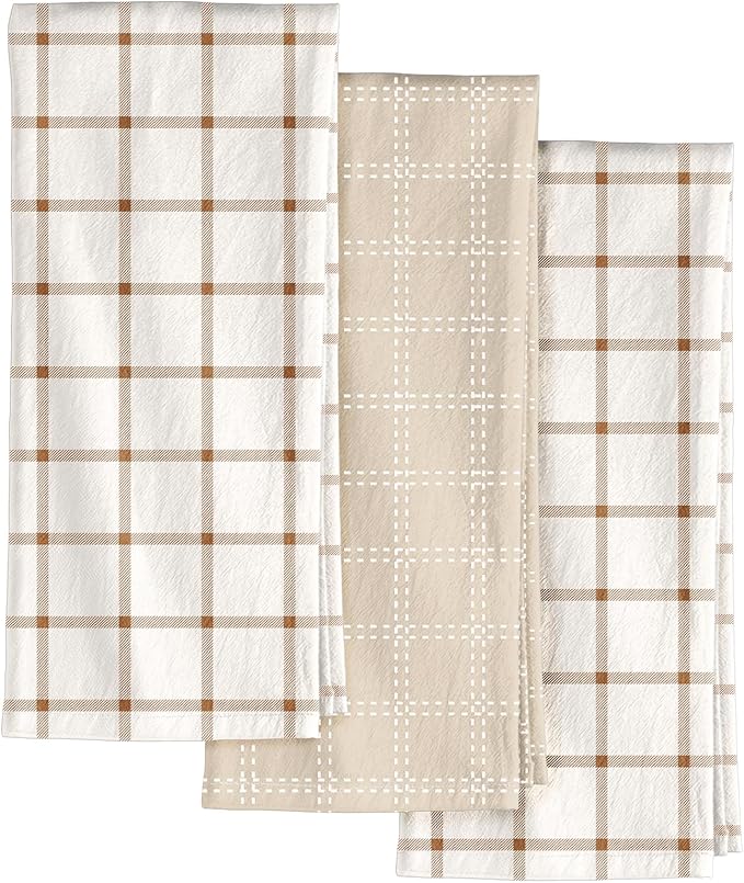 Miss Adola Neutral Flour Sack Kitchen Towels - 3 Pack 18"x 26" Cotton Farmhouse Fast Drying Decorative Hand Tea Towel Dishcloth with Hanging Loop for Home Decor Housewarming Gift, Checkered