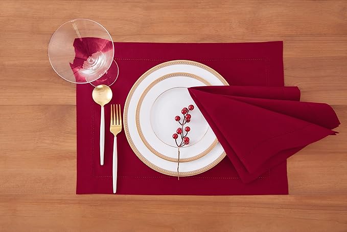Solino Home Red Placemats Set of 4 - Cotton Linen Hemstitch Placemats 14 x 19 Inch for Mothers Day, Memorial Day