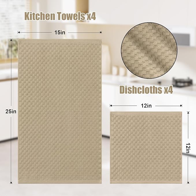 Homaxy 100% Cotton Kitchen Towels and Dishcloths Set, 12 x 12 & 15 x 25 Inches, Set of 8 Bulk Terry Cloth Dish Towels, Super Soft and Absorbent Hand Towel with Hanging Loop, Tan