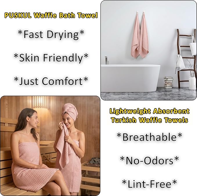 PÜSKÜL Natural 100% Turkish Cotton Waffle Bath Towels Set of 2-Piece | 32x63 inch Extra Large Absorbent Quick-Dry Lightweight Spa Towel | Luxury Sauna Accessories (Pink Powder Bath Towels - Pack of 2)