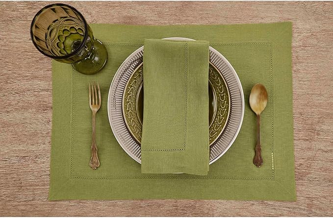 Solino Home Linen Placemats Set of 4 - Classic Hemstitch Avocado Green Placemats 14 x 19 Inch - 100% Pure Linen Table Mats for Spring, Summer, Mothers Day